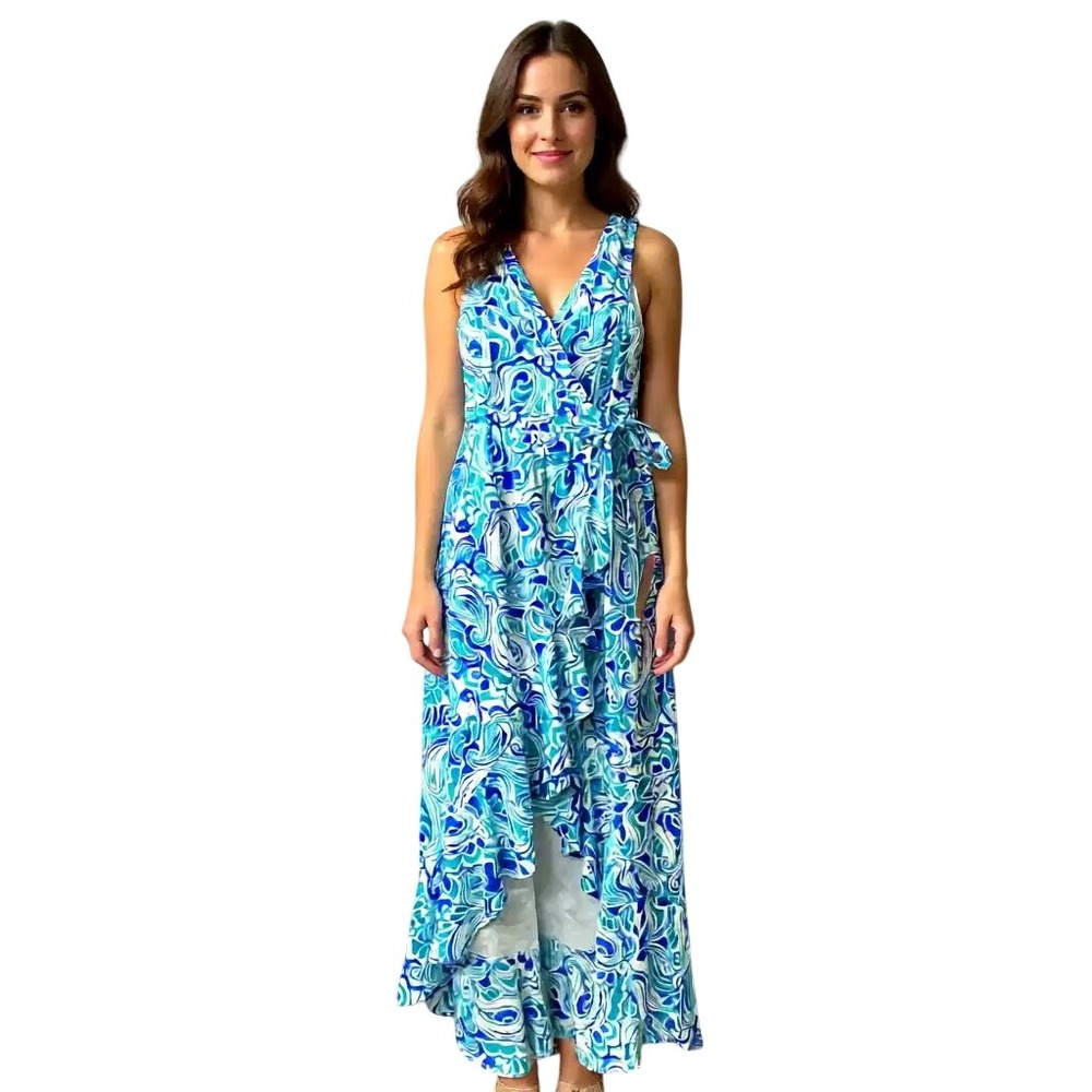Venus Sleeveless Wrap Maxi Dress Blue Abstract Print Ruffle High Low Size 4 NWT